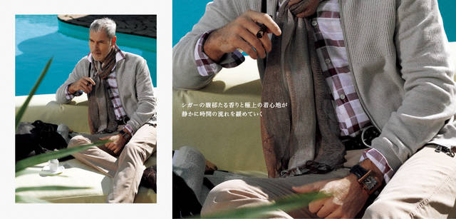 春に重宝するのがミドルゲージニットのダブルジップアップブルゾン。上質コットンを使用し胸元のみ編み柄を変えた、素材の生かし方に定評のある“フェラガモ”らしい一着だ。このベージュニットをベースに、白×赤×ピンク柄でガーゼタッチの綿シャツと、ピンクベージュでストレートのパンツを合わせ、知性と優しさを同時に体現するスタイルに仕上げた。ニットブルゾン 9万1350円、シャツ 3万8850円、ストール 2万6250円、パンツ 3万9900円、ベルト 参考商品、時計 15万7500円、シューズ 10万2900円、ソファに置いたバッグ 20万4750円／すべてサルヴァトーレ フェラガモ、サングラス 3万4650円／サルヴァトーレ フェラガモ アイウエア（すべてフェラガモ・ジャパン）