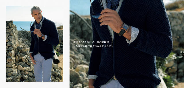 ネイビーのコットン100％ローゲージニットカーディガンを基調に、アイコンモチーフの「ガンチーニ」×チェーン柄のシャツ、水色のコットンパンツでブルーグラデーションをつくり上げた。これだけでも十分に上品だが、さらにエレガンスを注入するのが、伊達男の必須アイテムたるストール。絹×カシミア×麻の混紡で、高貴な光沢感、優しい肌触り、春らしい素材感を表現。ニット 17万4300円、シャツ 4万6200円、ストール 2万3100円、パンツ 3万9900円、時計 15万7500円／すべてサルヴァトーレ フェラガモ、サングラス 3万9900円／サルヴァトーレ フェラガモ アイウエア（すべてフェラガモ・ジャパン）