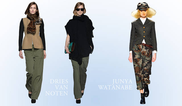 <br />「ミリタリーは、モードなアイテムと組み合わせて見せたいトレンド。カーキ色のアイテムをプリントやファーなどとコーディネイトして、エレガントに着こなすとよいのでは」