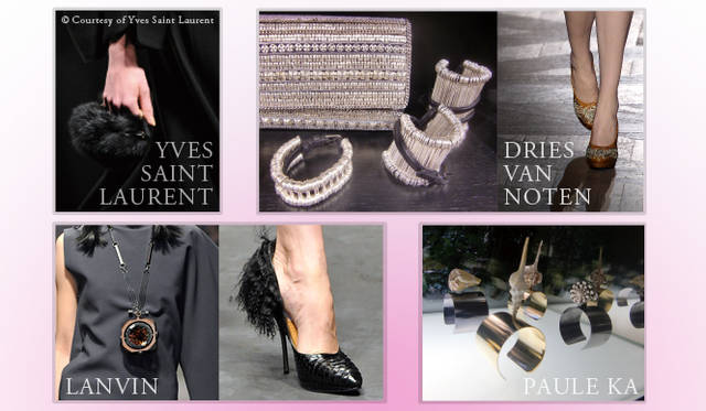 <br />「ファーにファスナーがついていて、そのなかに口紅などの小物を入れることができるイヴ・サンローランのリングバッグ。ドリス ヴァン ノッテンのジュエリーと、パンプス。ランバンのジュエリーはバングル、ネックレス、全部好きです。ポール カの貝殻付きのバングルも気になります」
