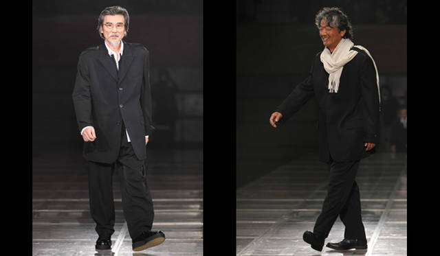 <strong>YOHJI YAMAMOTO｜ヨウジヤマモト　19年ぶりに東京でコレクションショーを開催<br />左から編集工学研究所所長 松岡正剛、作家 椎名 誠</strong>