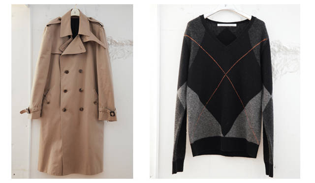 <b>SUKEZANE Tomoki｜トモキ倶楽部</b>　左／厚手のギャバジンを使ったトレンチコート7万9800円、右／大きなアーガイルのなかに隠された“Ｘ”は、バンド「The XX」からインスパイアされたもの。ニット3万1500円（ともにJOHN LAWRENCE SULLIVAN）