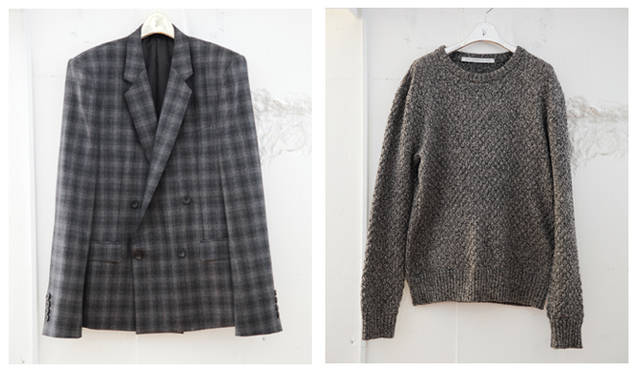 <b>SUKEZANE Tomoki｜トモキ倶楽部</b>　左／ダブルのジャケットは、JLSが出しつづけているアイテム。ジャケット6万9300円、右／“ポップコーン編み”で立体感を出した。ニット2万7300円（ともにJOHN LAWRENCE SULLIVAN）