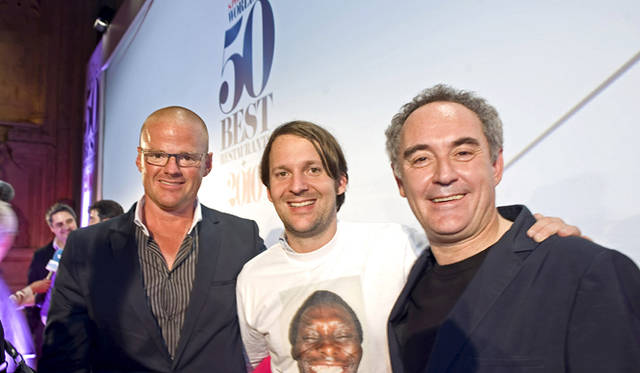 The S. Pellegrino world’s 50 Best Restaurants 2010｜サンペレグリノ2010年世界のベストレストラン50｜世界のガストロノミー界が誇る、トップ3シェフ、左から、ヘストン・ブルーメンタ ル氏、32歳のレネ・レッゼピ氏、フェラン・アドリア氏。 