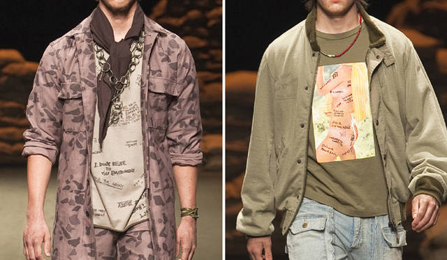 <b>SUKEZANE Tomoki｜トモキ倶楽部</b>　2010-2011　秋冬　N.HOOLYWOODコレクションより。手瑠弾のグレネードピンをモチーフにしたネックレスや、ピンナップガールをプリントしたTシャツが目を引く。