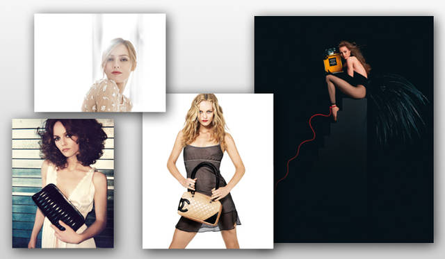 <b>CHANEL｜シャネル</b>　ヴァネッサ・パラディが今までに出演した、シャネル広告の一部。左上から2010年リップスティック「ルージュ ココ」、左下2005年発表のバッグ「ニュー マドモアゼル」、真ん中2004年に発表されたバッグ「カンボン」、右1991年フレグランス「COCO」。 ©CHANEL