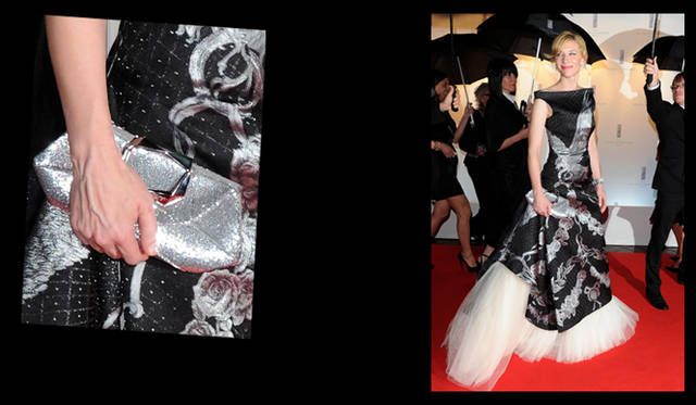 <b>第63回カンヌ国際映画祭｜レッドカーペット｜Cate Blanchett</b>　カンヌ国際映画祭のオープニング上映を飾ったのが、映画『ロビン・フッド』。レッドカーペットに登場した女優ケイト・ブランシェットが手にしたバッグは、ロジェ ヴィヴィエのシルバーのクラッチバッグ“プリズム”。