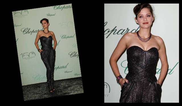 <b>第63回カンヌ国際映画祭｜ショパール150周年記念パーティ｜Marion Cotillard</b>　ショパール150周年記念パーティにあらわれたマリオン・コティヤール。ベアトップのオールインワンに、ルージュカラーのジュエリーが映える。