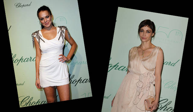 <b>第63回カンヌ国際映画祭｜ショパール150周年記念パーティ｜Lindsay Lohan,Emmanuelle Béart</b>　ショパール150周年記念パーティにて。左｜リンジー・ローハンはショルダーにポイントのあるアルベルタ・フェレッティのドレスを着用。右｜大女優の風格漂うエマニュエル・ベアールは、ヌードカラーのドレスにジュエリーの輝きを足して、大人の女性の魅力を演出した。