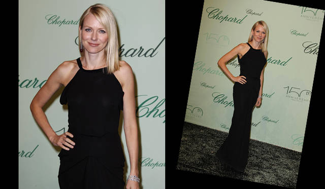 <b>第63回カンヌ国際映画祭｜ショパール150周年記念パーティ｜Naomi Watts</b>　黒のスレンダーなドレスに身を包んで、ストレートヘアのダウンスタイルにしたナオミ・ワッツ。シンプルにブレスレットだけジュエリーを着けて、モダンでシックな装いに。