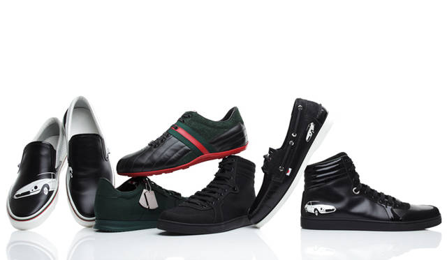 <b>GUCCI｜グッチ</b>　東京のGUCCI ICON-TEMPORARY TOKYO限定のエクスクルーシブ コレクションより。左から、カーモチーフスリッポンスニーカー 8万2950円、グリーンキャンバススニーカー 8万9250円、サッカースニーカー 8万9250円、ブラックキャンバスハイカットスニーカー 8万9250円、ブラックレザーデッキシューズ 8万9250円、ブラックレザーハイカットスニーカー 9万7650円（すべてグッチ／グッチ ジャパン）