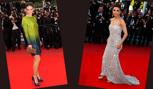 <b>第63回カンヌ国際映画祭｜Evangeline Lily , Eva Longolia</b>　左｜『You Will Meet a Tall Dark Stranger』のプレミアに登場したエヴァンジェリン・リリーが選んだのは、サルヴァトーレ フェラガモのサテン素材のピープトゥプラットフォームパンプスと、ゴールドカラーのクラッチバッグ。右｜エヴァ・ロンゴリアも人気のピープトゥプラットフォームパンプスを着用。©GettyImages