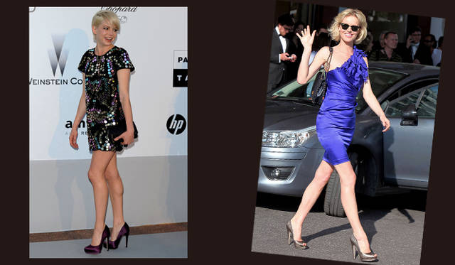 <b>第63回カンヌ国際映画祭｜Michelle Williams , Eva Herzigova</b>　左｜amfARチャリティパーティに出席したミシェル・ウィリアムズは、サルヴァトーレ フェラガモのパープルカラーがモードな雰囲気のピープトゥパンプスを着用。右｜エヴァ・ヘルツィゴヴァもカンヌ滞在中にピープトゥパンプスを履いているところを目撃！ ©GettyImages