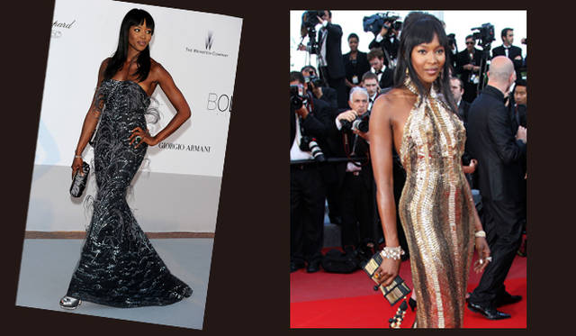 <b>第63回カンヌ国際映画祭｜Naomi Campbell</b>　左｜amfARチャリティパーティにあらわれたナオミ・キャンベル。シルバーカラーのサテン素材クラッチバッグを手にして登場。右｜『Biutiful』のプレミアにあらわれたナオミ・キャンベルは、フェラガモクリエイションズのクラフト感溢れるバッグをセレクト。©GettyImages