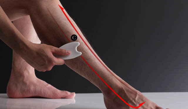 <b>AYURA｜アユーラ</b>　美活沙ボディーマッサージ<br><b>流し技──老廃物をきれいに流し去りながら形を整えます</b><br>プレートのCのカーブの裏側の面を肌にあて、足の形を整えるようにゆっくりとすべらせます。（3回）<br>ひざの下→すねの骨の外側→足の甲→足の内側の骨の後ろ側→ひざの下