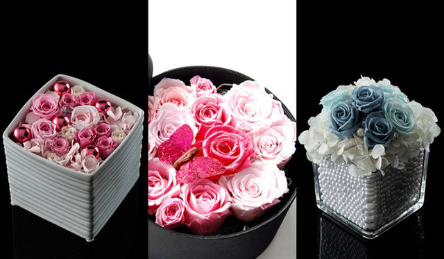 <b>FLORALUXE｜和気雅美</b>　ジューンブライドに贈る、FLORALUXE プリザーブドフラワーギフト<br>左から、ロングアイランド、28ストリート、ブライアント