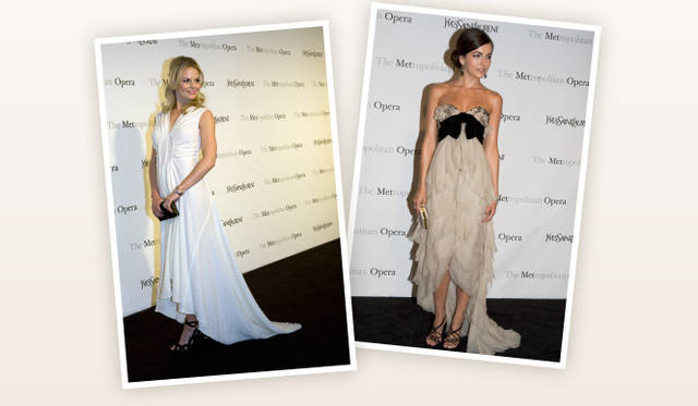 <b>清純さをアピールする白をまとって</b></br>Jennifer Morrison , Camilla Belle｜おなじくロッシーニ作『アルミーダ』のガラプレミアにて。女優のジェニファー・モリソンはイヴ・サンローラン2009SSコレクションのウールクレープが美しいイヴニングドレスに黒のスエードサンダルとサテンクラッチバッグを合わせて。カミーラ・ベルは2010エディション ソワールから、黒のボウをポイントにしたシルクモスリンのストラップレスドレスで可憐な表情。©Yves Saint Laurent