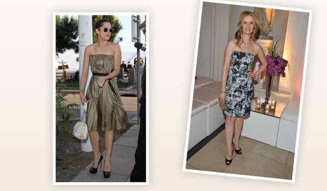 <b>デイリーに着こなすドレススタイルのお手本！</b></br>Marion Cotillard , Cynthia Nixon｜デイリーにもさらりと着こなせそうなドレススタイルをここでピックアップ。カンヌ国際映画祭のオフタイムに登場したマリオン・コティヤールは、カーキ色のシックなベアトップドレスに、セルジオ・ロッシのパンプスをセレクト。『SEX AND THE CITY2』ロンドンプレミアにて、シンシア・ニクソンはフラワープリントのドレスにJIMMY CHOOのシューズを合わせて。©Sergio rossi/Getty Images、©Getty Images.com
