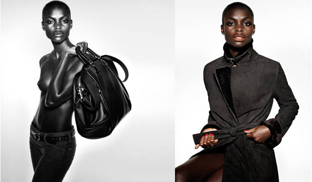 <b>LOEWE｜ロエベ</b>　ジェニール・ウィリアムズ （モデル）　左から ハンドバッグ　23万1000円、コート　64万5750円