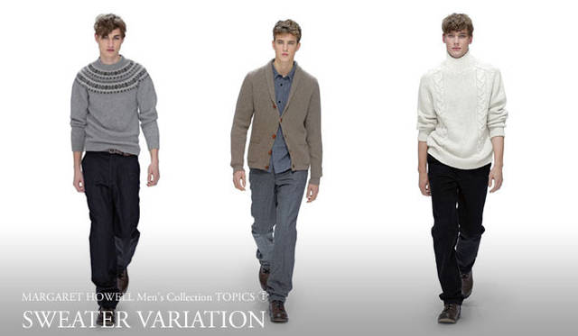 　2010秋冬メンズコレクション<br>左／フェアアイルニット3万4650円、トラウザーズ4万950円、ベルト1万2600円（MHL.）、シューズ4万9350円（MHL.）<br>中／ニット8万850円（店舗限定）、シャツ1万9950円（MHL.）、トラウザーズ4万950円、シューズ4万9350円（MHL.）<br>右／ニット7万2450円（店舗限定）、トラウザーズ3万450円、シューズ4万9350円（MHL.）