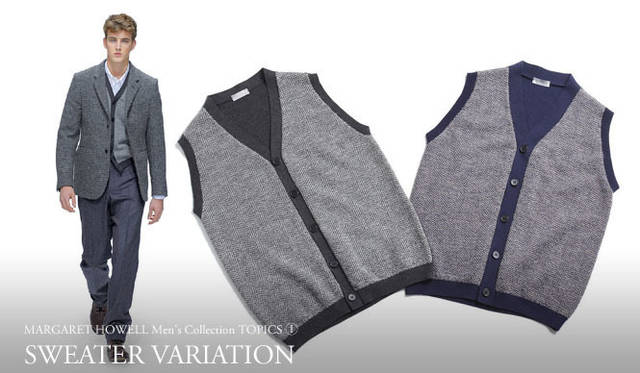 　2010秋冬メンズコレクション<br>左／ジャケット7万2450円、ニット3万9900円、シャツ1万7850円（MHL.）、トラウザーズ4万950円、シューズ4万9350円（MHL.）、右／ベスト各3万9900円