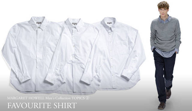 　2010秋冬メンズコレクション<br>左／シャツすべて2万8350円、右／ニット2万7300円（MHL.）、シャツ参考商品、トラウザーズ4万950円、シューズ4万9350円（MHL.）