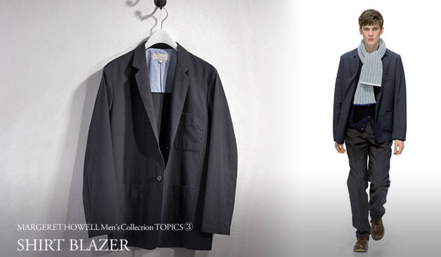 　2010秋冬メンズコレクション<br>左／シャツブレザー6万1950円、右／シャツブレザー6万1950円、カーディガン8万850円（店舗限定）、マフラー1万4700円（MHL.）、トラウザーズ参考商品、シューズ4万9350円（MHL.）