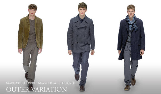　2010秋冬メンズコレクション<br>左／ジャケット4万8300円（MHL.）、ニット7万2450円（店舗限定）、トラウザーズ3万450円、シューズ4万9350円（MHL.）<br>中／ピーコート6万6150円（MHL.）、シャツ2万8350円、ネクタイ1万3650円、トラウザーズ4万950円、シューズ4万9350円（MHL.）<br>右／チェスターフィールドコート9万9750円（店舗限定）、ニット7万2450円（店舗限定）、シャツ2万7300円、トラウザーズ3万450円、スカーフ2万8350円、シューズ4万9350円（MHL.）