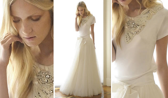<b>ALBERTA FERRETTI｜アルベルタ フェレッティ｜“FOREVER” BRIDAL COLLECTION 2011</b>　パールがまるでアクセサリーのようにほどこされたトップに、チュールのスカートが広がる「Dalia（ダリア）」。