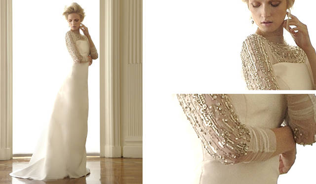 <b>ALBERTA FERRETTI｜アルベルタ フェレッティ｜“FOREVER” BRIDAL COLLECTION 2011</b>　スワロフスキークリスタルやパールをあしらったスレンダーなシルエットの「Magnolia（モクレン）」は、大人の女性にこそ似合うエレガンスを引き出してくれる。