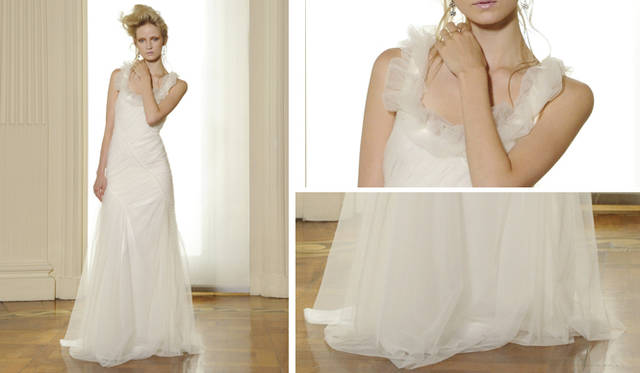 <b>ALBERTA FERRETTI｜アルベルタ フェレッティ｜“FOREVER” BRIDAL COLLECTION 2011</b>　ネックラインを優しく包むような柔らかなシルクのチュール。「Rose（ローズ）」ドレスはシンプルでありながらも布地をたっぷり使うことでエレガントな雰囲気を実現。