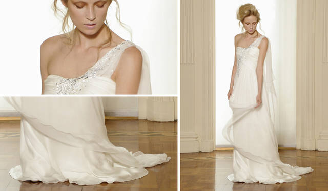 <b>ALBERTA FERRETTI｜アルベルタ フェレッティ｜“FOREVER” BRIDAL COLLECTION 2011</b>　ロマンティックなワンショルダードレス「Narcissus（すいせん）」。カボションカットされたスワロフスキー クリスタルがまるで水面から空に向かって伸びる花のようにあしらわれて。