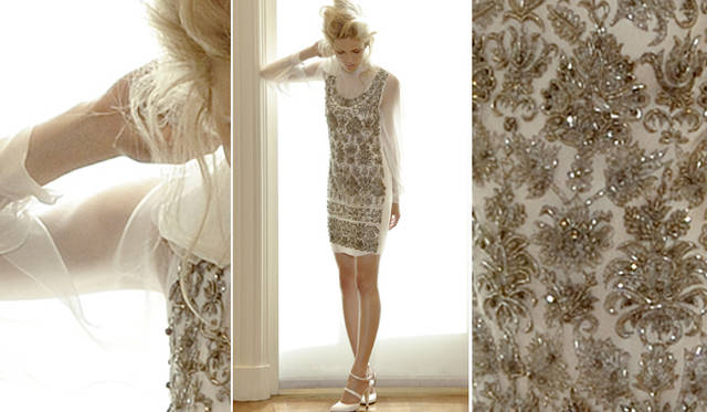 <b>ALBERTA FERRETTI｜アルベルタ フェレッティ｜“FOREVER” BRIDAL COLLECTION 2011</b>　「Wisteria（藤）」はシルクモスリンのチュニックドレスにパールでフローラルパターンが刺しゅうされた、ラグジュアリーな１着。