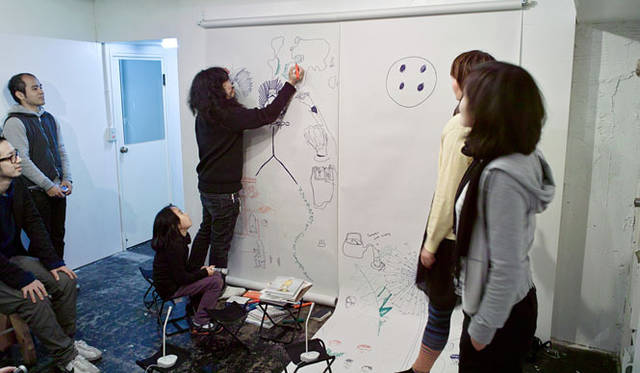 橋詰 宗｜レクチャー「ダン･ド･リオン は タンポポ なの」<br>ロンドンのデザイナー、Åbäkeらによるレクチャーを共同企画。ロール紙に彼らの思考を記述し、観覧者もそれに書き込むことができ、議論ができる空間をつくり、あたらしい議論のかたちを提案した。