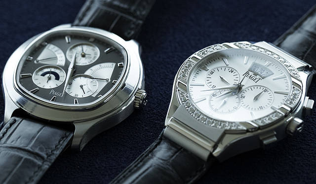 <b>PIAGET｜ピアジェ</b> 「ピアジェ ポロ」ダイヤモンドモデル（右）と「ピアジェ エンペラドール・クッション」（左）。