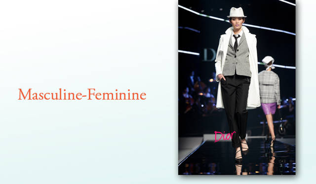 <b>KEYWORD 04 “MASCULINE-FEMININE”</b><br />ショルダーがしっかりとあるジャケットスタイルに、パンツを合わせたスタイリング。このような一見マスキュリンな装いのなかにこそ、真のフェミニニティが息づくのかもしれない。凛とした強さを秘めたエレガンスを感じさせるスタイルだ。Photo｜Dior｜ディオール