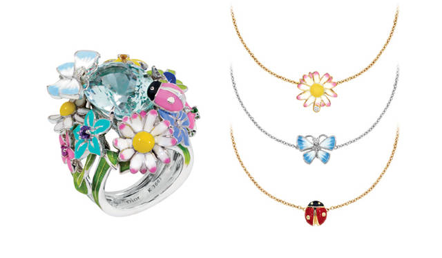 <b>DIOR FINE JEWELRY｜ディオール ファイン ジュエリー</b><br />左 ：「ディオレット」リング　WG×ダイヤモンド×アクアマリン×アメジスト×ピンクサファイア×イエローサファイア×ツァボライト×ラッカー、210万円<br />右：3点「ディオレット」ブレスレット　YG×ラッカー、15万2250円（テントウムシ）、YG×ダイヤモンド×ラッカー、17万8500円（マーガレット）、WG×ダイヤモンド×ラッカー、18万3750円（パピヨン）