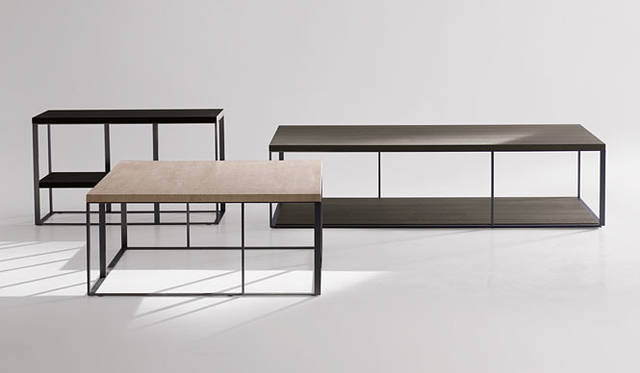 <b>B&B Italia｜Antonio Citterio</b>　アントニオ・チッテリオ　テーブル「LITHOS」　左奥／W90×D35 ×H535cm、中央／W90×D90×H405cm、右／W160×D80×H40.5cm