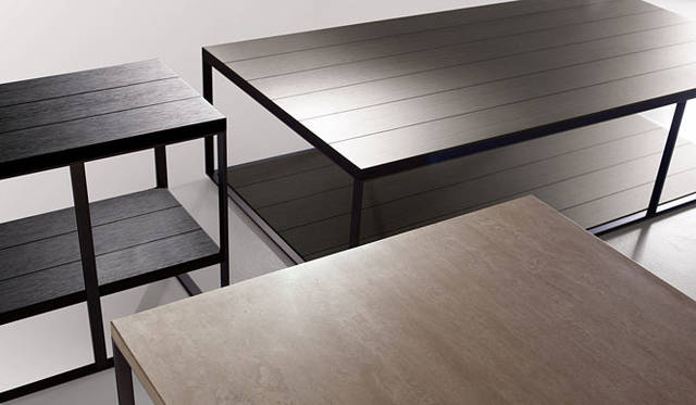 <b>B&B Italia｜Antonio Citterio</b>　アントニオ・チッテリオ　テーブル「LITHOS」　左奥／W90×D35×H535cm、中央／W90×D90×H405cm、右／W160×D80×H40.5cm