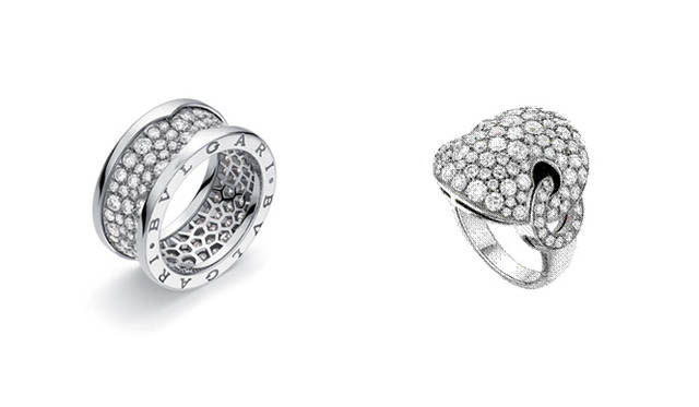 <b>BVLGARI｜ブルガリ</b><br />右：「チェルキ」リング、WG×ダイヤモンド、229万5000円<br />左：「B.zero1」リング、WG×ダイヤモンド、120万円7500円～128万1000円
