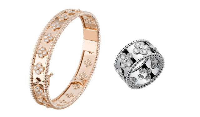 <b>VAN CLEEF & ARPELS｜ヴァン クリーフ＆アーペル</b> 「ペルレ」バングル、PG×ダイヤモンド、252万円　「ペルレ」リング、WG×ダイヤモンド、130万2000円