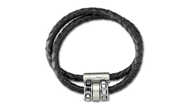<b>SWAROVSKI｜スワロフスキー</b> 「MOVING ROLLS」ブレスレット、ブラック・クリスタル×ステンレススティール×レザー2万2575円
