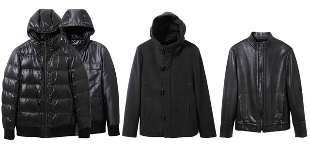 <b>ck Calvin Klein｜ck カルバン・クライン</b><br /> 左｜REVERSIBLE DOWN JACKET バーズアイのシャンブレー生地に光沢を加えた面と、ポリエステル100％の光沢シャンブレーの面とで表情がまったく異なる<br />リバーシブル仕様のダウンジャケット。構造上ダウンはリバーシブルが難しいものだが、これは細部までこだわり、これ以上にないほどの完成度の高さ。両面とも撥水加工済み。<br />ダウンジャケット4万9350円<br /><br />中央｜SHORT DUFFEL COAT トグルボタンまでブラックで統一し、ダーツや切り替えを駆使して、ダッフルコートのディテールをシンプルにデザインした1 着。<br />ウール×ナイロンの高密度なメルトン地にビーバー仕上げを施し、滑らかに仕上げている。コート4万5150円<br /><br />右｜STAND COLLAR BLOUSON しっかりしたダブルジャージ編み地に、手作業でポリウレタンコーティングを加え、レザーかと見紛うような質感を実現したスタンドカラーブルゾン。<br />止水ファスナーを採用するなど、細部までこだわりが満載。ブルゾン3万9900円