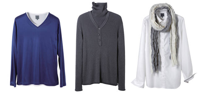 <b>ck Calvin Klein｜ck カルバン・クライン</b><br /> 左｜LAYERED CUT&SEWN クルーネックの半袖とV ネックの長袖のカットソーがセットに。絶妙なサイジングと爽やかな色合いが魅力である。<br />滑らかで光沢豊かなリヨセルとコットンを混紡した生地が高級感を漂わせる。レイヤードカットソー1万1550円<br /><br />中央｜HENLEY NECK KNIT and TURTLENECK KNIT ブライトレーヨンとウールアクリルを使用したリブニットは、柔軟な風合いと上品な光沢が魅力。<br />同じ素材のニットなら、こんな組み合わせもお勧め。V ネックニット1万6800円 タートルネックニット1万5750円<br /><br />右｜DIAMOND PATTERN SHIRTS and STOLE 細番手の糸を使った高密度なドビー生地製のシャツ。前立て部分には形状記憶コードが入っているため、形が自在にアレンジできる。<br />合わせたストールは、半分で切り替わる色使いが独創的。シャツ1万6800円、ストール9975円