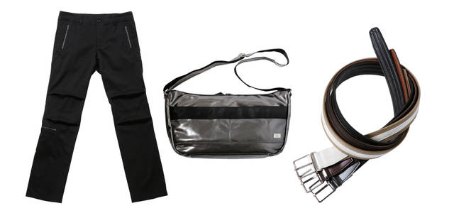 <b>ck Calvin Klein｜ck カルバン・クライン</b><br /> 左｜TAPERED STRETCH PANTS 微かにテーパードするフォルムが美しいパンツ。細身だが、立体的なヒザまわりや伸縮素材により動きやすさも確保。<br />右裾のファスナーも、アクセントとして効いている。パンツ1万8900円<br /><br />中央｜SHOULDER BAG ポリウレタンコーティングによるメタリックな光沢感とナイロンテープのコンビネーションが絶妙。フロントにジップポケット、バックにマグネットポケットを装備するなど、<br />実用性に優れており、内ポケットも充実していて使い勝手が良い。バッグ[W38×H23×D11cm]1万9950円<br /><br />右｜NYLON CANVAS BELT 耐久性と屈曲性を兼ね備えるナイロンキャンバス地は、カジュアルなベルトに用いることで効果を発揮する。<br />ライン状にパテントレザーを横断させることで、シンプルな中にもラグジュアリーな個性を加味している。ベルト各1万4700円