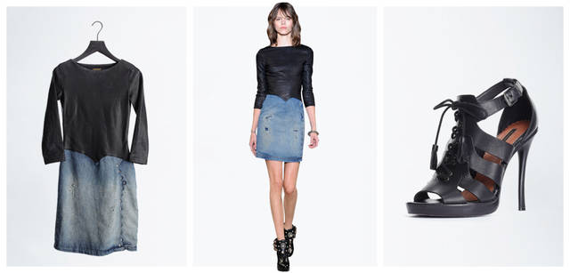 <b>DIESEL BLACK GOLD｜ディーゼル ブラック ゴールド</b>　左／ブラックレザーとデニムの組み合わせも、ココサラキの手にかかるとモダンに。シームにあしらわれたスタッズもデザインのポイント。13万5450円、中央／ドレス（左と同じ）13万5450円、シューズベルト22万4700円、ブーティ 参考商品、右／フロント部分のレースアップが、華奢なヒールとの相性も良し。レースの先にあしらわれたタッセルもポイント。プラットフォームになっていて歩きやすい。シューズ[H12cm] 4万5150円（すべてディーゼル ブラック ゴールド／ディーゼル ジャパン）