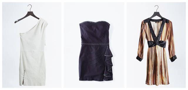 <b>DIESEL BLACK GOLD｜ディーゼル ブラック ゴールド</b>　左／身体に優しく沿う、しなやかな白レザーのワンショルダードレス。右下の裾の部分には、曲がった釘があしらわれている。エレガントかつロックなスピリット溢れる一着。ドレス17万9550円、中央／ボトム部分にあしらわれたラッフルが美しいベアトップドレス。１枚で颯爽と着こなしたい。ドレス 5万9850円、右／個性的な雰囲気のプリントに、光沢のある黒サテンのあしらいがシック。後ろでリボン結びしてフェミニン。ドレス4万7250円（すべてディーゼル ブラック ゴールド／ディーゼル ジャパン）