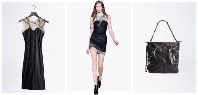 <b>DIESEL BLACK GOLD｜ディーゼル ブラック ゴールド</b>　左／透け感が美しいチュールのショルダー部分には、刺しゅうがほどこされて。ゴールドのビーズと黒の糸とで描かれるパターンがクールな印象を添える。ドレス12万8100円、中央／ドレス（左と同じ）12万8100円、ブーティ 参考商品、右／光沢感のある黒レザーは、グラフィカルな切り替えで遊び心をプラス。バッグ[W30×H32×D11cm] 10万3950円（すべてディーゼル ブラック ゴールド／ディーゼル ジャパン）