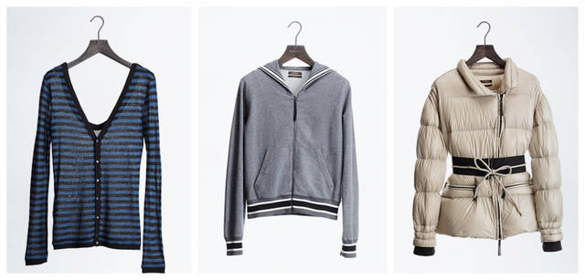 <b>DIESEL BLACK GOLD｜ディーゼル ブラック ゴールド</b>　左／ボーダーカーディガンは日常に重宝すること間違いないアイテム。透け感や大きく開いたバックスタイルで、大人っぽい着こなしに仕上がる。カーディガン2万790円、中央／スウェットもこんなセーラーカラーだとかわいい。ジップアップのヒモ部分に黒レザーが使われていたりと、ディテールにも凝っている。2万4150円、右／手触りが驚くほど柔らかいベージュのダウンジャケット。ゴムウエストベルトの上にさらにジャケットと同じ素材で紐があしらわれていたりと、デザインコンシャスな一着。ダウンジャケット 6万8250円（すべてディーゼル ブラック ゴールド／ディーゼル ジャパン）