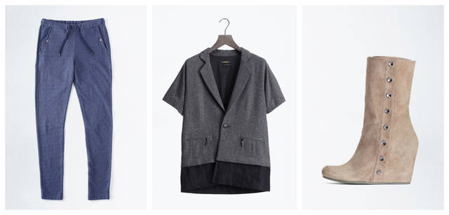 <b>DIESEL BLACK GOLD｜ディーゼル ブラック ゴールド</b>　左／スウェットパンツもデニムふうの色合いで登場。スキニーなシルエットでクールに着こなして。スウェットパンツ 2万2050円、中央／細くデザインされたラペルやハーフスリーブがモダンな表情を湛える。着こなしに幅が出ることは間違いなし。ジャケット5万4600円、右／サイドボタンがポイント。脚を長く、スタイルアップして見せてくれるヌードカラー。ウェッジソールブーツ[H10cm] 3万7800円（すべてディーゼル ブラック ゴールド／ディーゼル ジャパン）